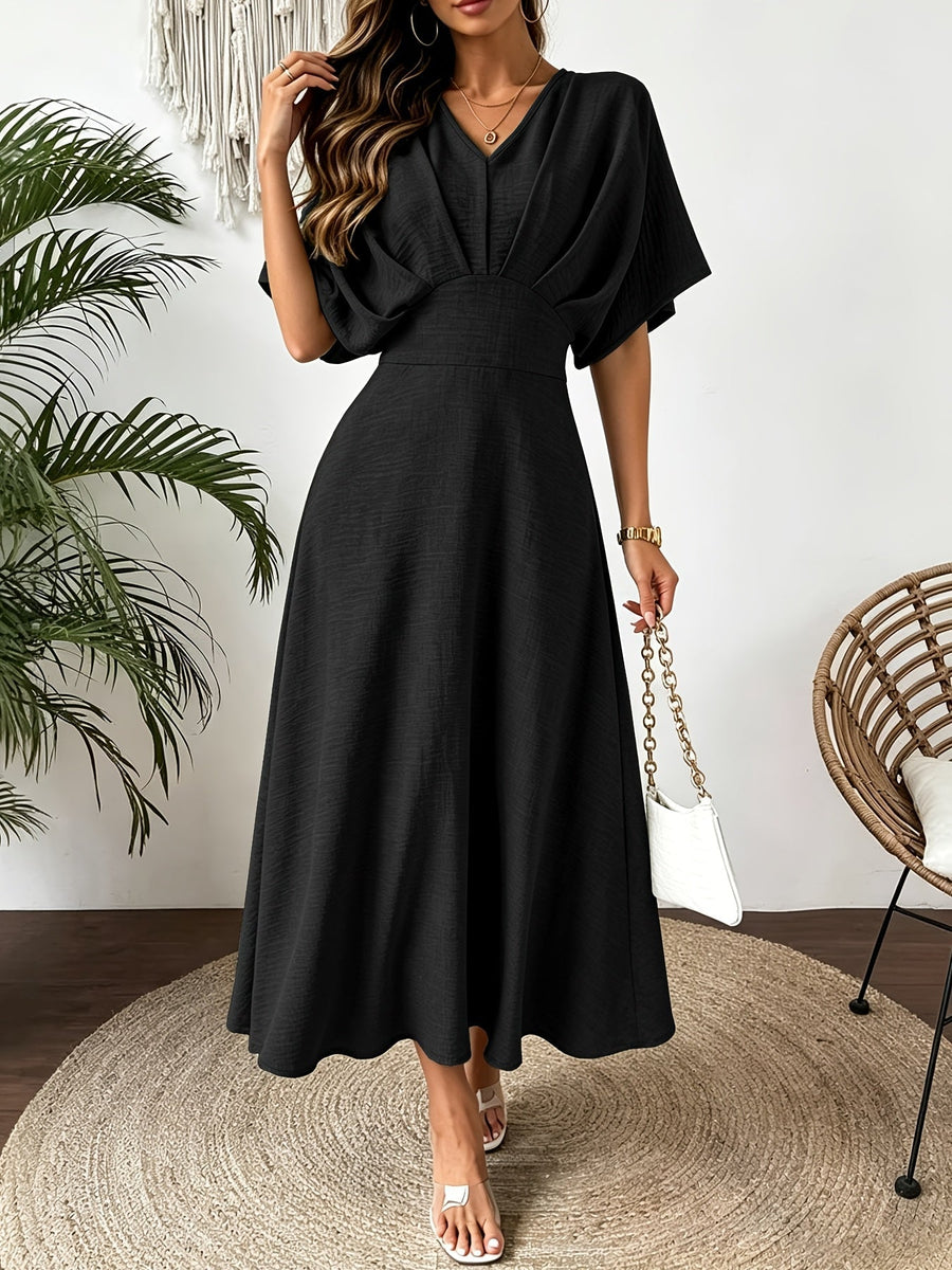 Damen Midi Kleid mit V-Ausschnitt & Fledermausärmeln, Tailliert, Grün