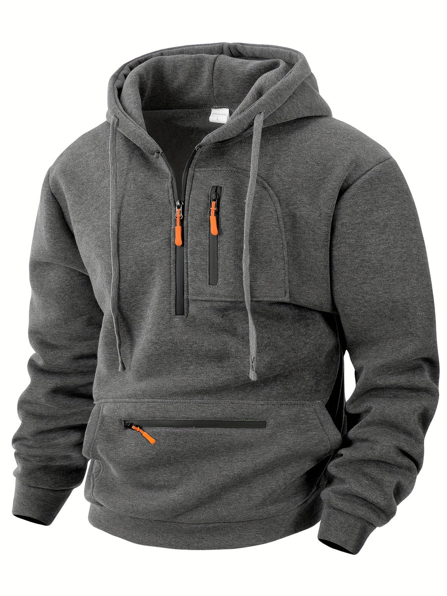 Herren Hoodie mit Reißverschluss und Bauchtasche, Kordelzug Kapuzenpullover