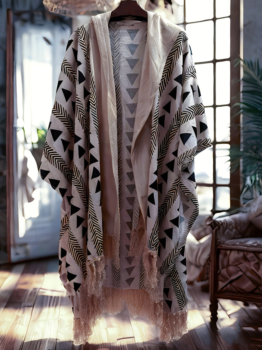 Herren Boho Poncho mit Kapuze und geometrischem Muster – Strand & Festival Überwurf