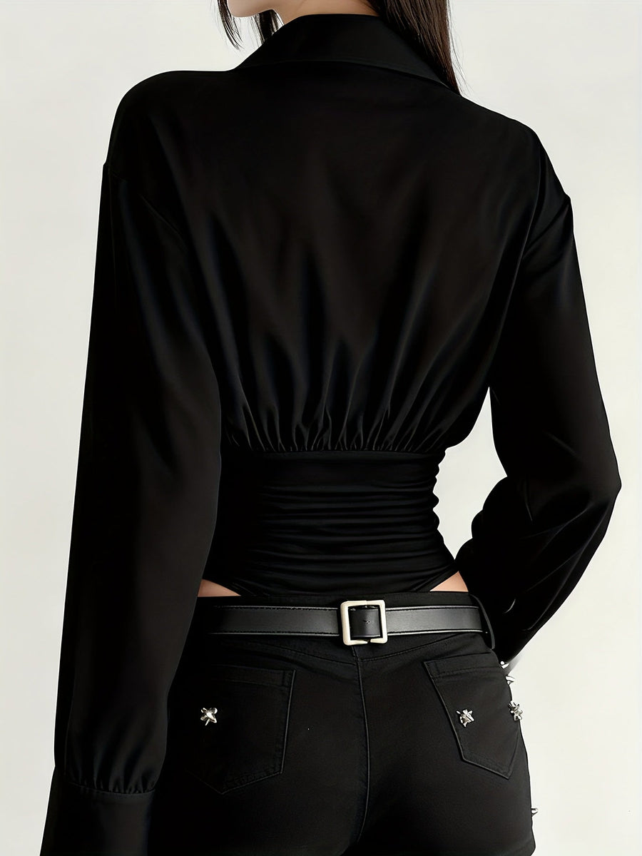 Damen Langarm Bodysuit mit Hemdkragen und Raffungen an der Taille