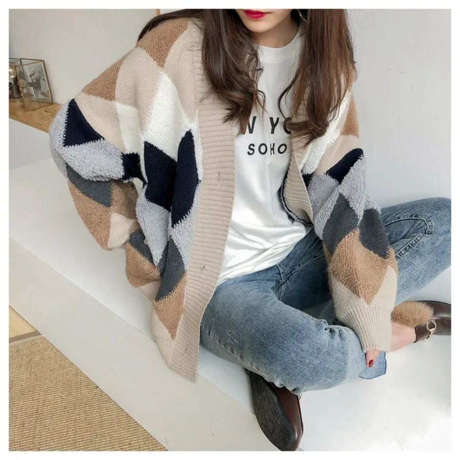 Dames gebreid vest met ruitpatroon, beige-khaki winterjas