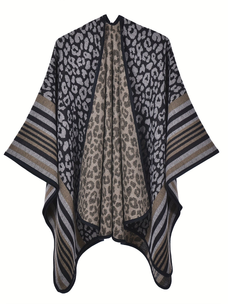 Damen Poncho Cape mit offenem Vorderteil und geometrischem Muster – Boho Stil für Alltag und Freizeit