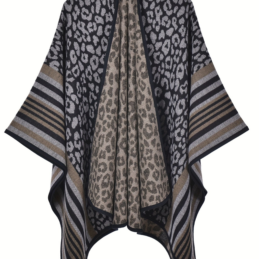 Damen Poncho Cape mit offenem Vorderteil und geometrischem Muster – Boho Stil für Alltag und Freizeit