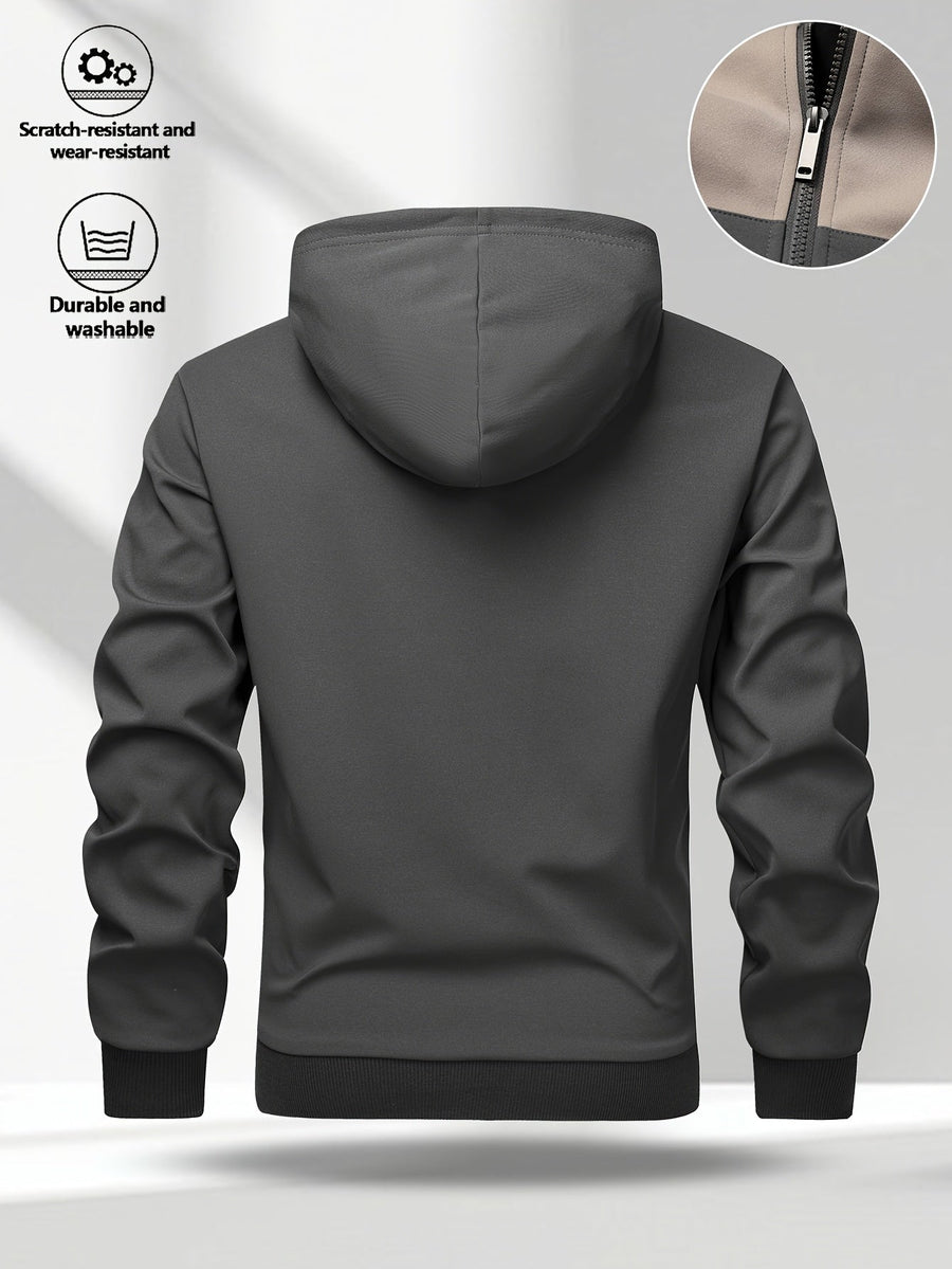 Herren Kapuzenjacke mit Reißverschluss, Color-Block, Rippbündchen, Khaki-Schwarz