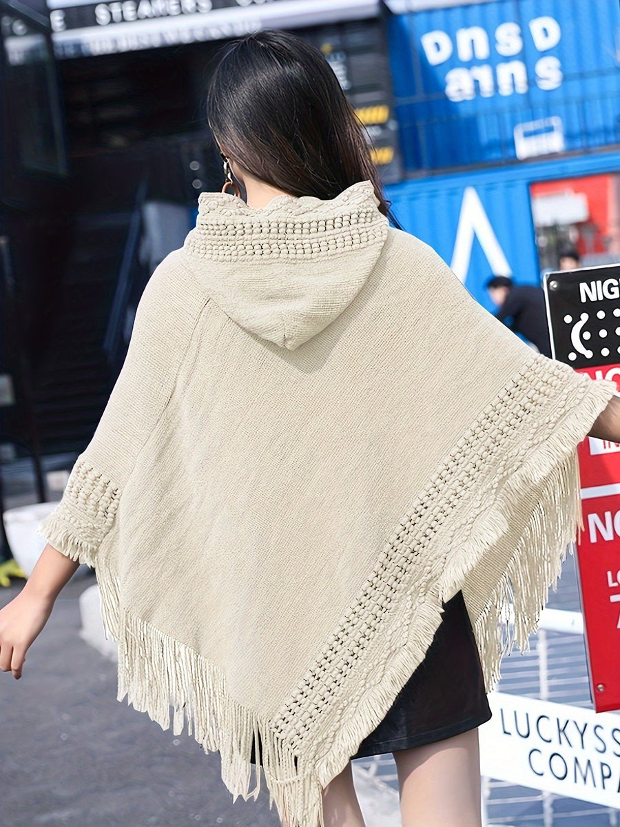 Damen Poncho mit Kapuze, gestrickt, mit Fransen – Einheitsgröße