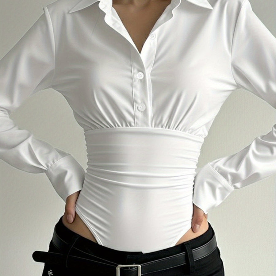 Damen Langarm Bodysuit mit Hemdkragen und Raffungen an der Taille