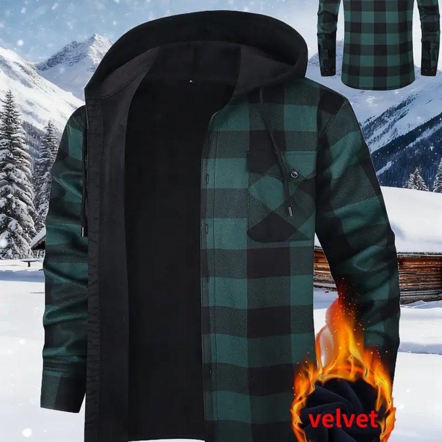 Herren Kariertes Flanell Hemd Jacke mit Kapuze und warmer Fütterung