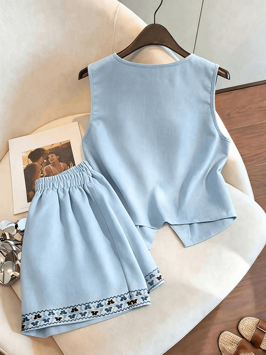 Damen Zweiteiler Weste & Shorts Set mit V-Ausschnitt und Stickerei – Ärmelloses Oberteil & Elastische Taille Shorts