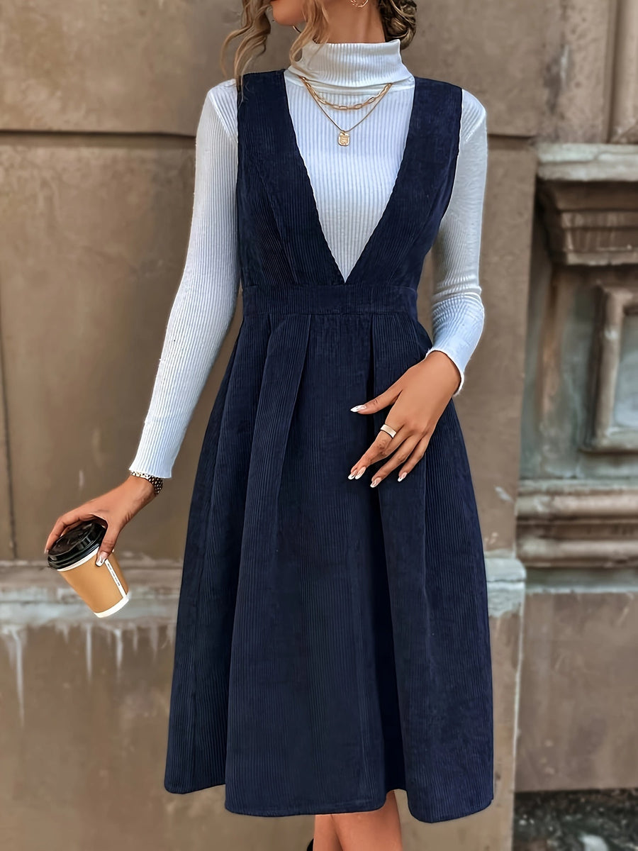 Damen Latzkleid Kord Midi Tief V-Ausschnitt Dunkelblau