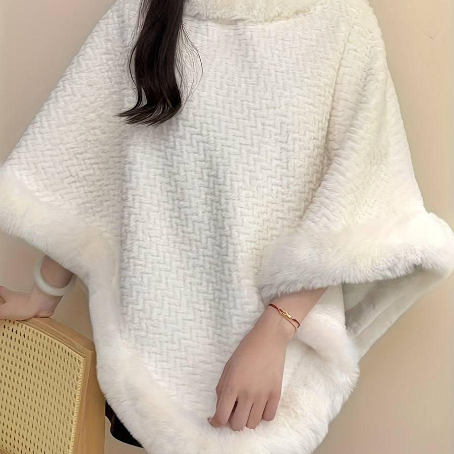 Damen Poncho Kuschelig Weich mit Kunstpelzbesatz Rollkragen