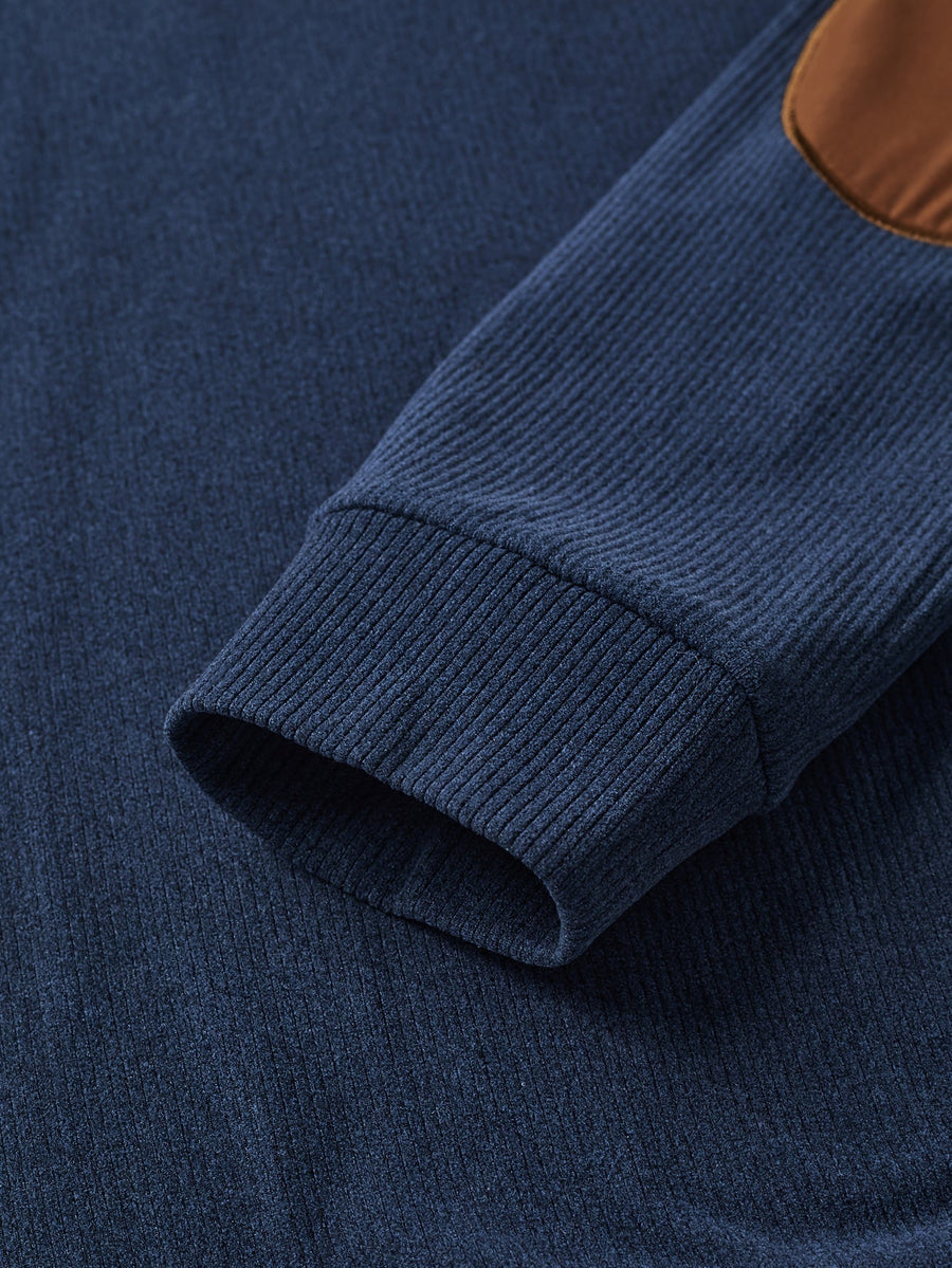Herren Strickpullover Blau Beige mit Stehkragen & Knopfleiste, Ellbogen-Patches