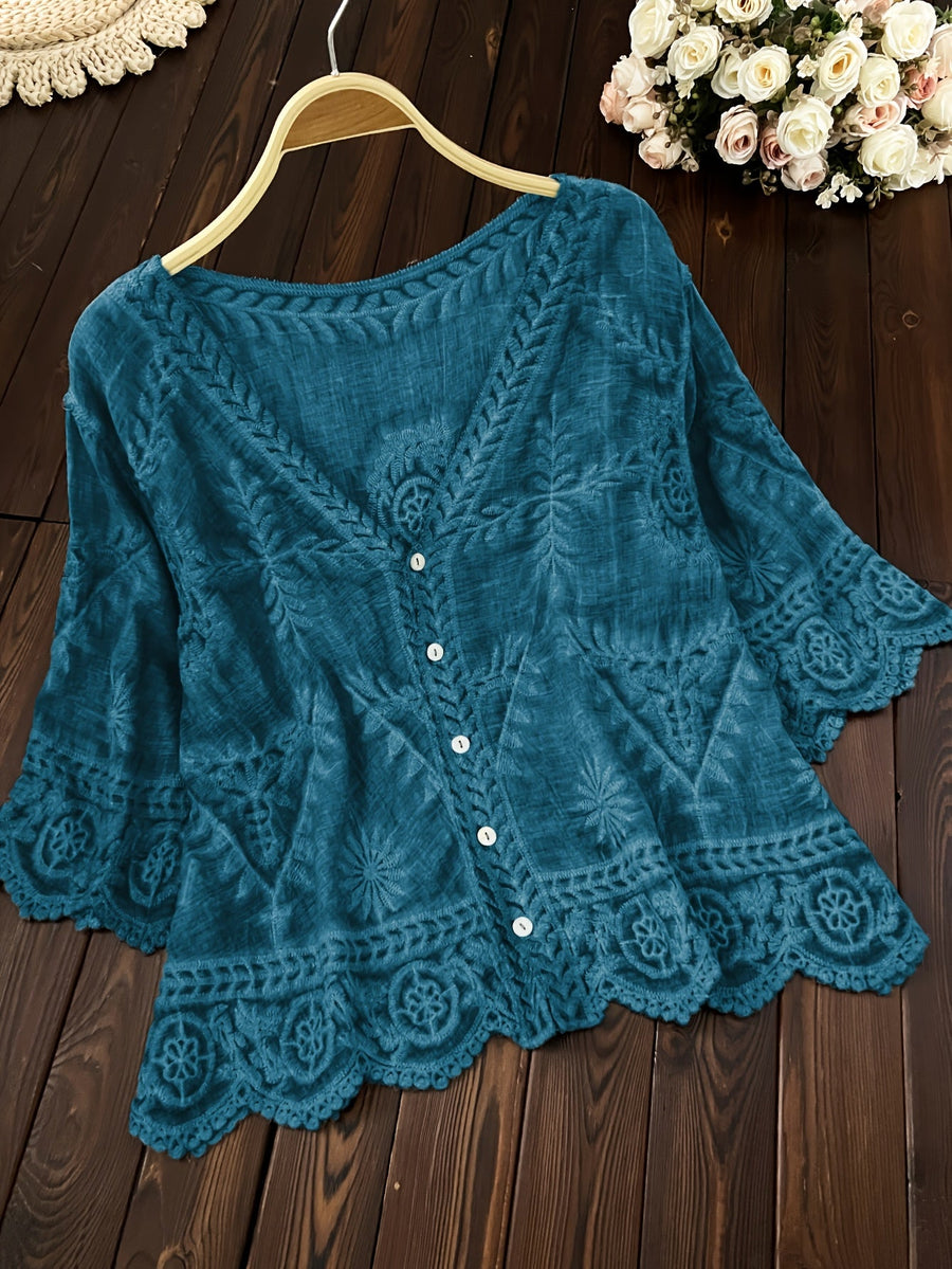 Damen Bluse Stickerei Knopfleiste V-Ausschnitt Tunika Oberteil Langarm Blusen