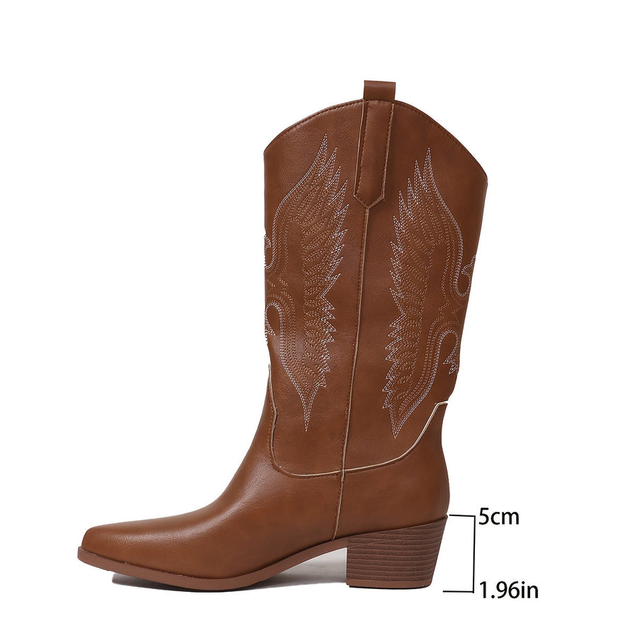 Damen Westernstiefel Cowboystiefel mit Flügel-Stickerei und Blockabsatz