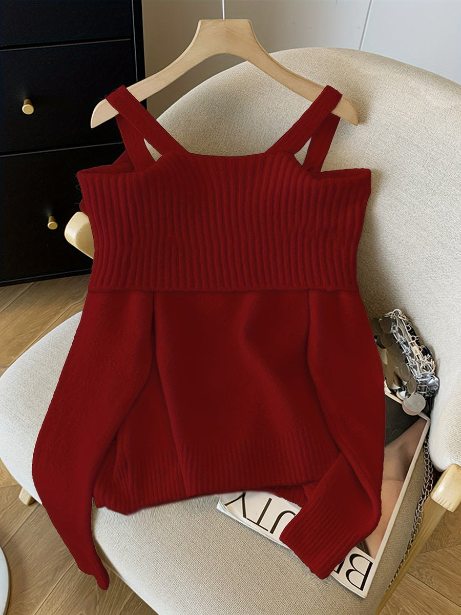 Damen Strickpullover Carmen-Ausschnitt Schleife Herzknöpfe