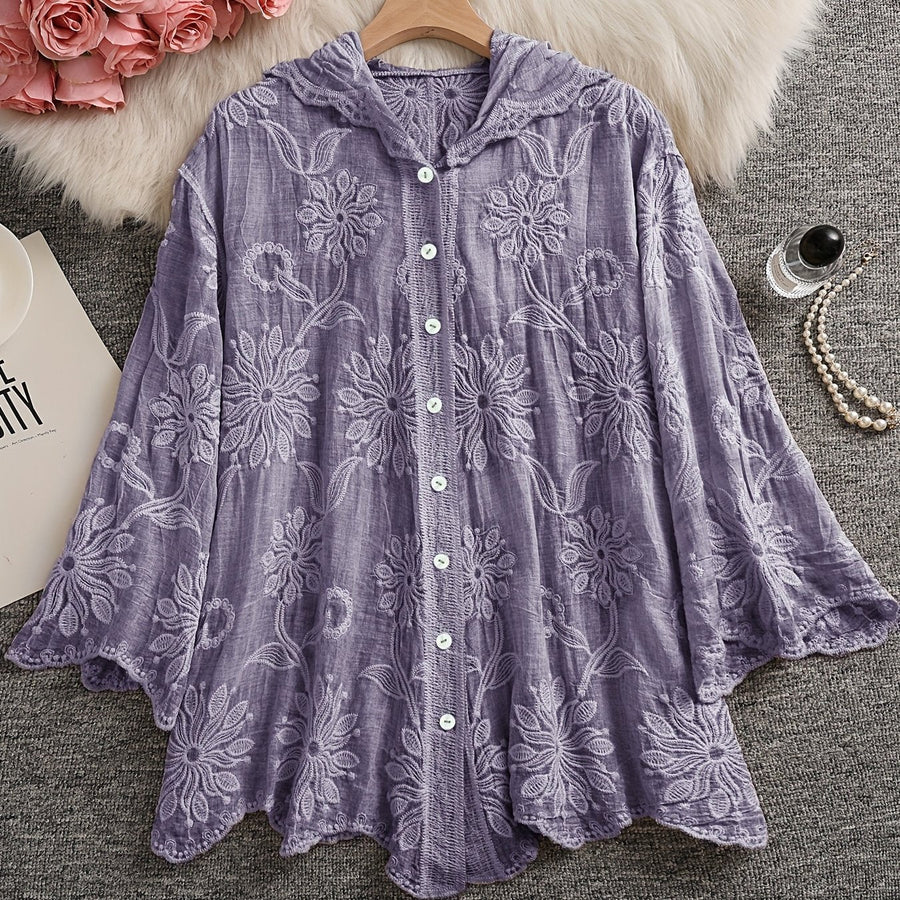 Damen Bestickte Bluse mit Kapuze, Langarm, Floral, Grün