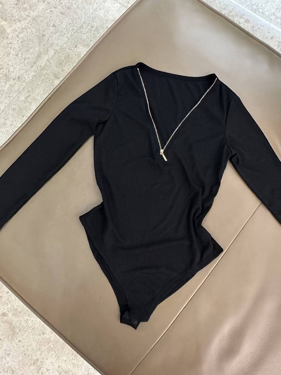 Damen Langarm Body Rippstrick mit Reißverschluss