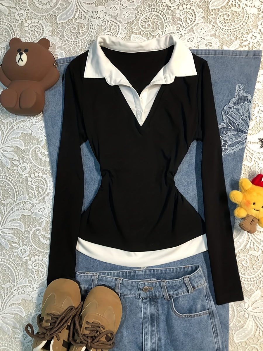 Damen Langarmshirt Schwarz Weiß mit Polo-Kragen