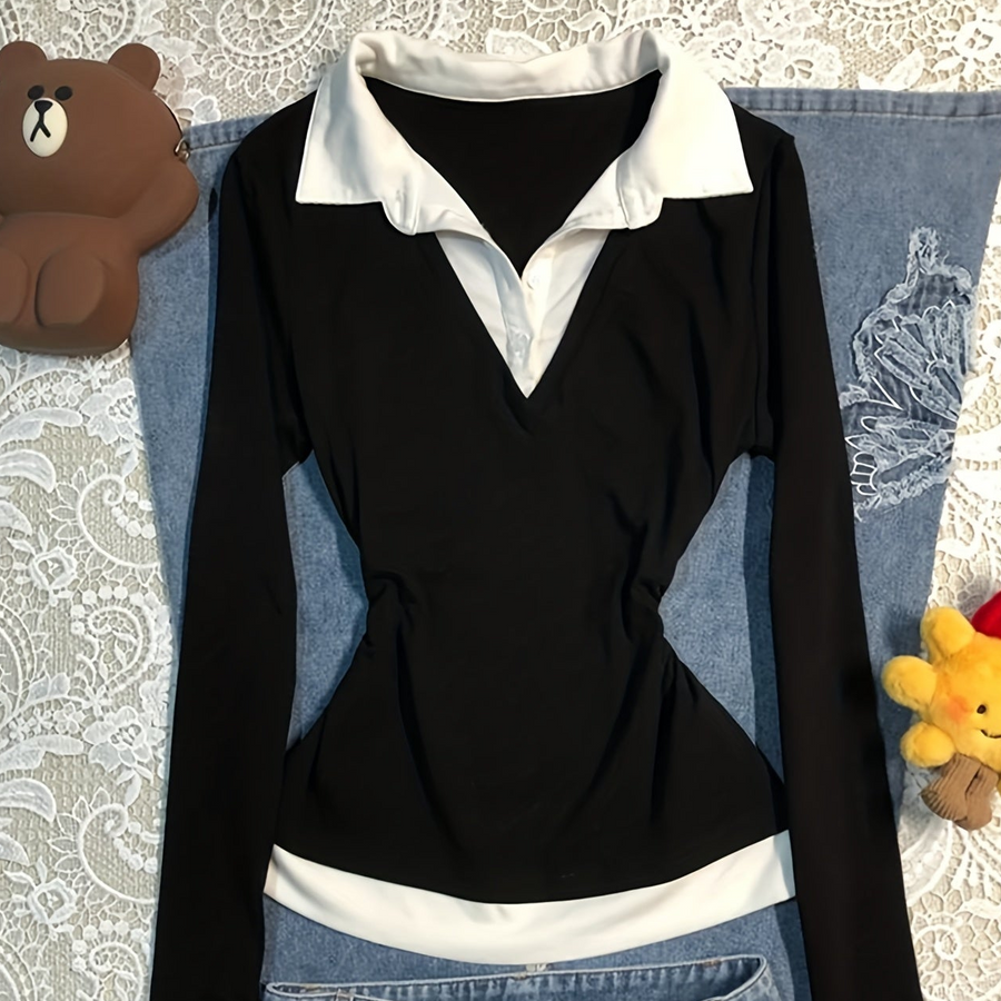 Damen Langarmshirt Schwarz Weiß mit Polo-Kragen
