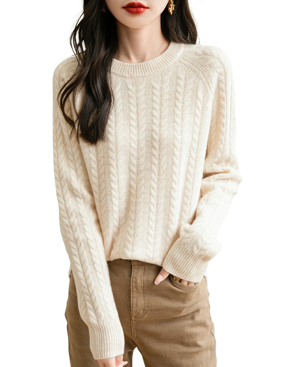 Damen Pullover Zopfmuster Rundhals Langarm Strickpullover
