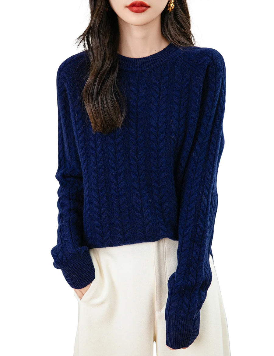 Damen Pullover Zopfmuster Rundhals Langarm Strickpullover