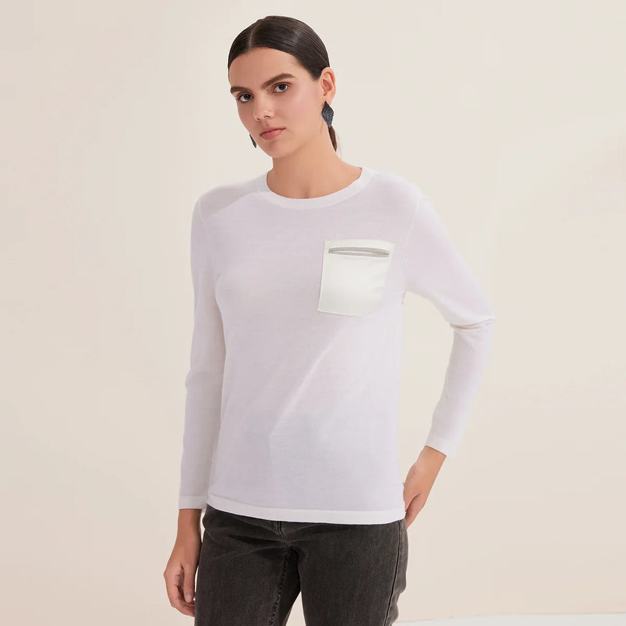Damesshirt met lange mouwen, ronde hals en borstzak