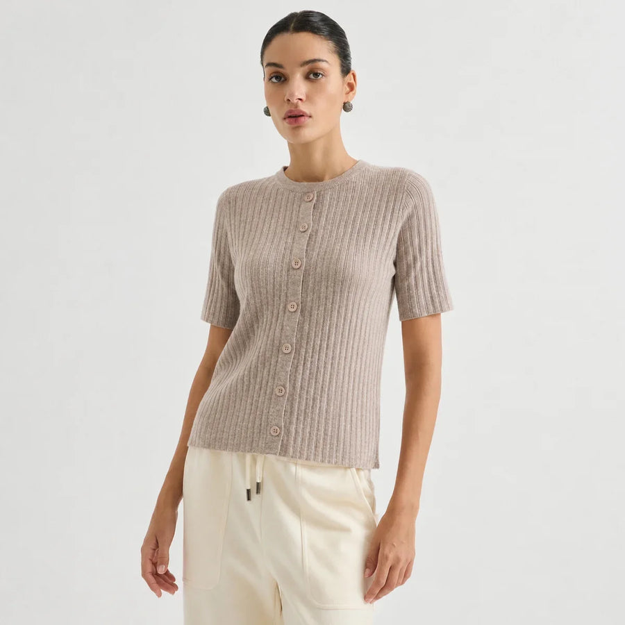 Damen Strickjacke Kurzarm Gerippt Rundhalsausschnitt Knopfleiste
