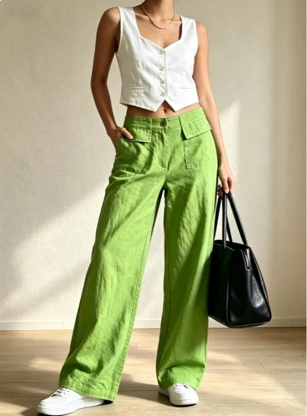 Damen Wide-Leg Hose mit Taschen Weites Bein