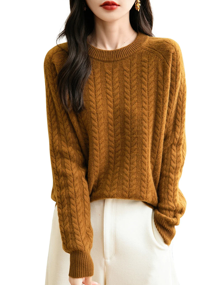 Damen Pullover Zopfmuster Rundhals Langarm Strickpullover