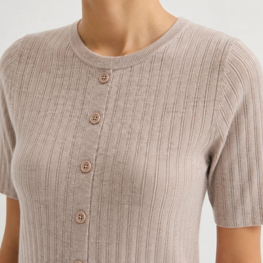 Damen Strickjacke Kurzarm Gerippt Rundhalsausschnitt Knopfleiste