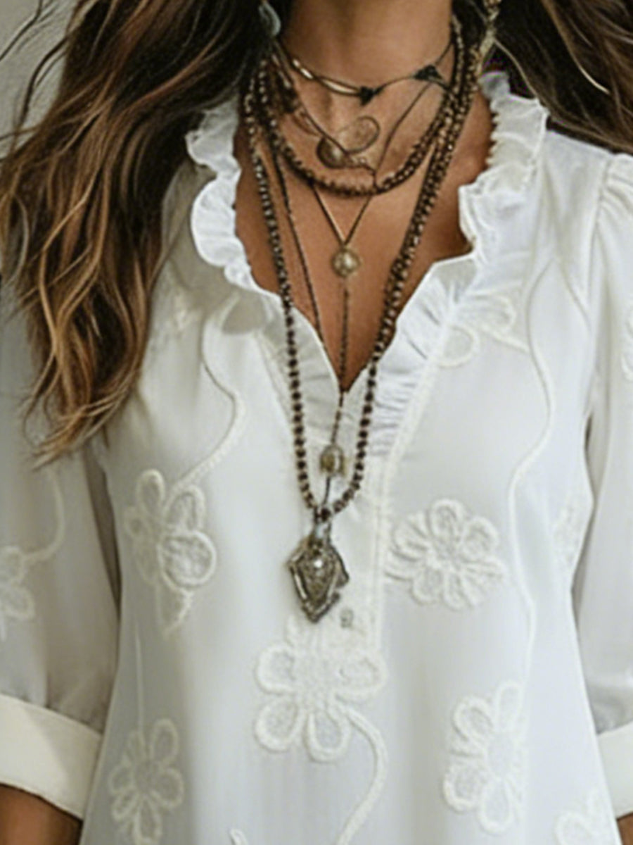 Damen Maxikleid mit Blumenmuster, gerafftem Kragen und Rollärmeln