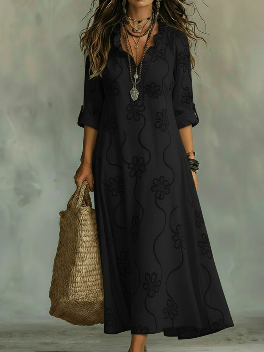 Damen Maxikleid mit Blumenmuster, gerafftem Kragen und Rollärmeln