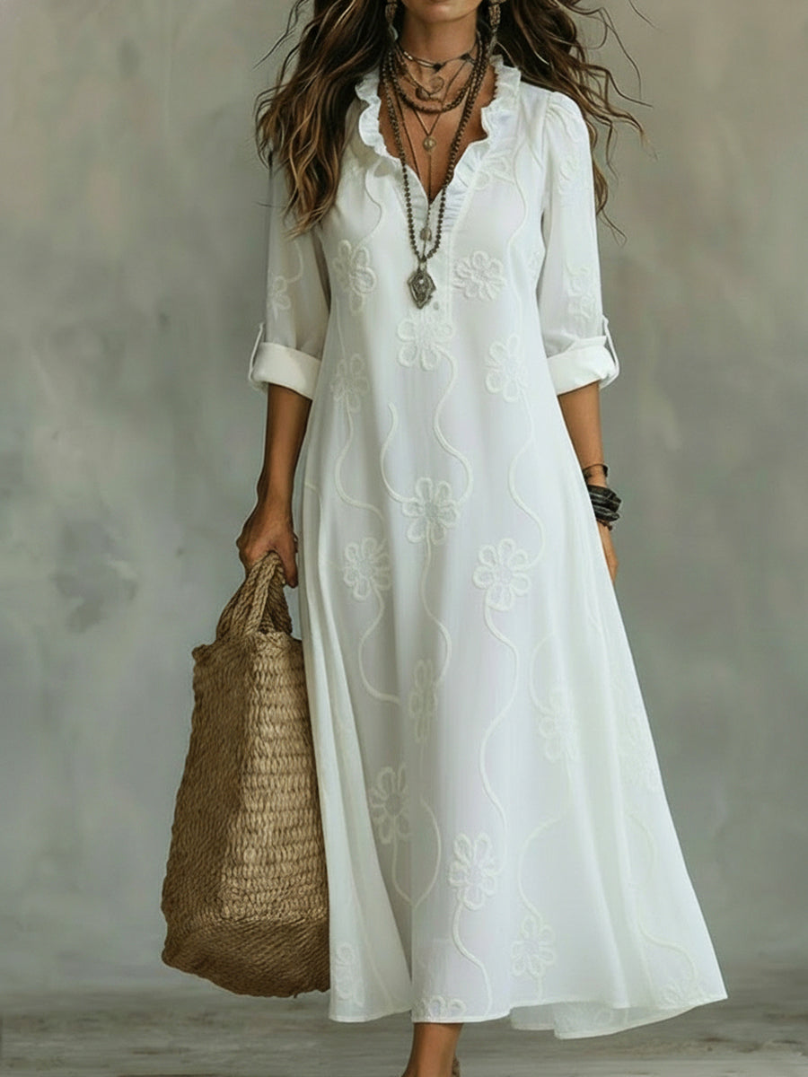 Damen Maxikleid mit Blumenmuster, gerafftem Kragen und Rollärmeln