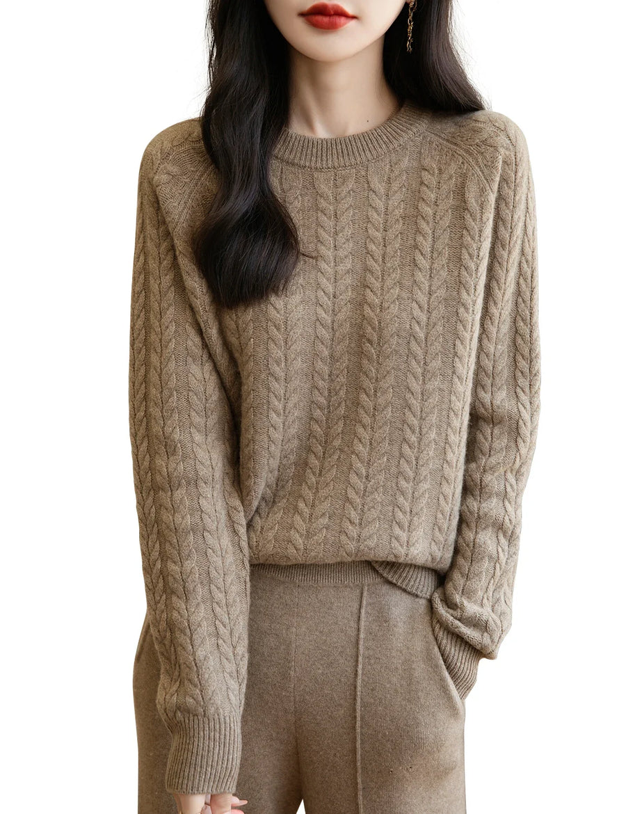 Damen Pullover Zopfmuster Rundhals Langarm Strickpullover