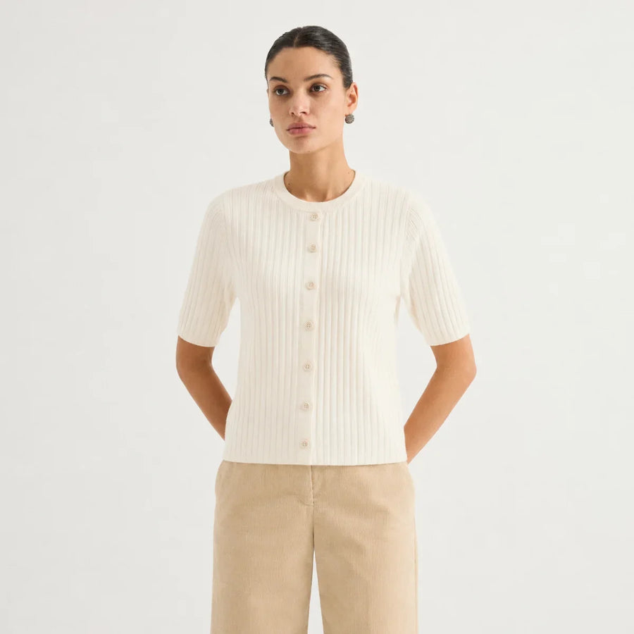 Damen Strickjacke Kurzarm Gerippt Rundhalsausschnitt Knopfleiste