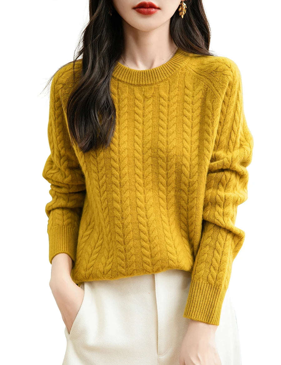 Damen Pullover Zopfmuster Rundhals Langarm Strickpullover