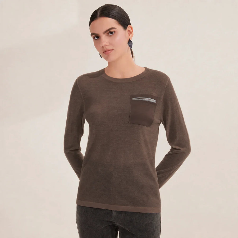 Damesshirt met lange mouwen, ronde hals en borstzak