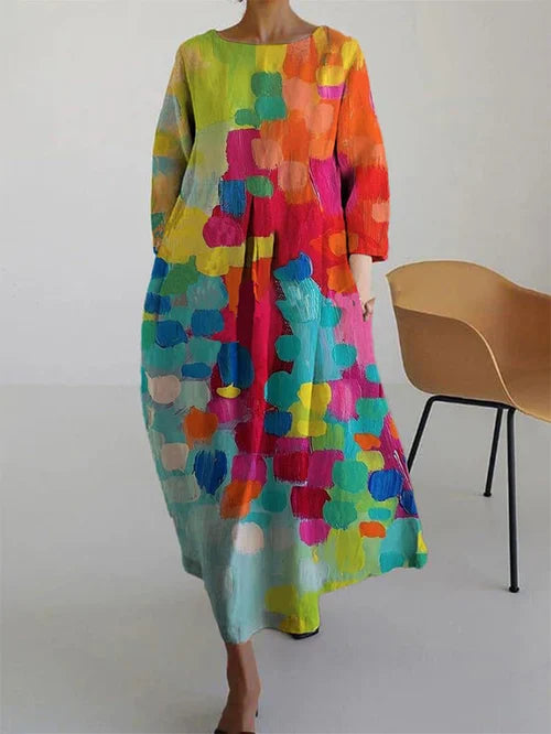 Damen Maxikleid Mehrfarbig Rundhals Langarm mit abstrakten Farbmustern