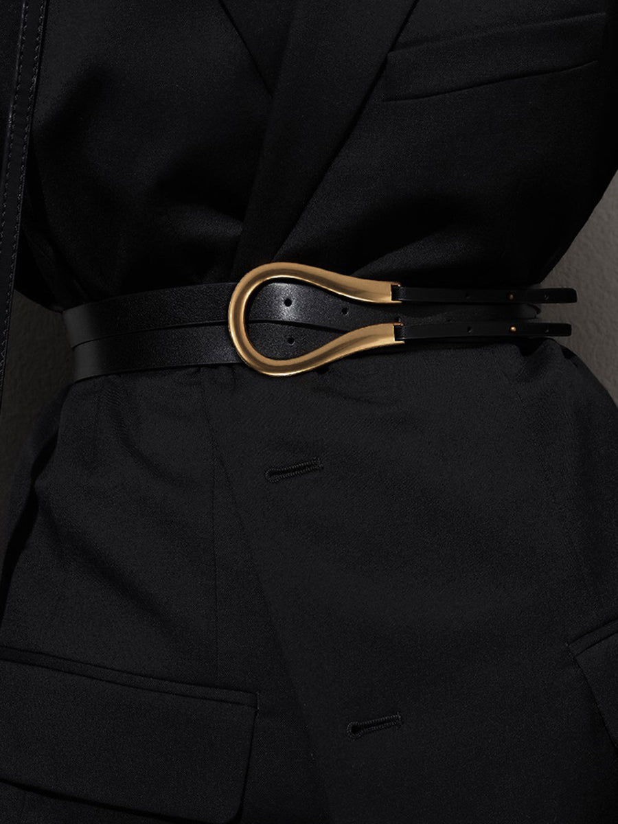 Schwarzer Damen Gürtel mit goldener Hakenschnalle, Wickel-Design