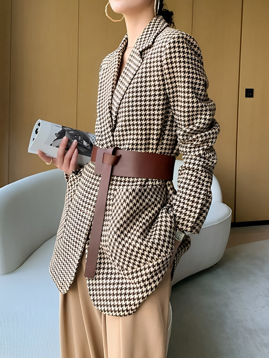 Damen Hahnentritt Blazer Oversize mit Gürtel Braun Schwarz gemustert