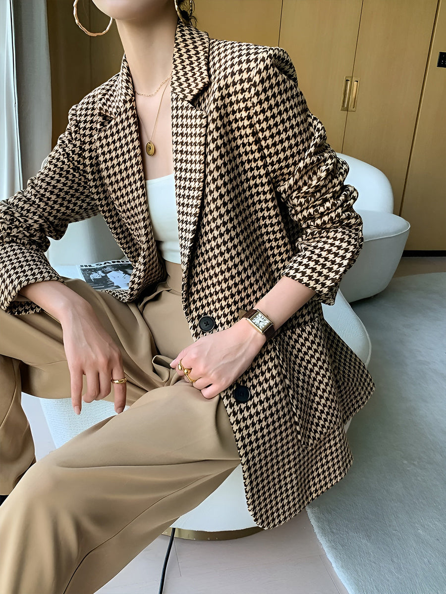 Damen Hahnentritt Blazer Oversize mit Gürtel Braun Schwarz gemustert