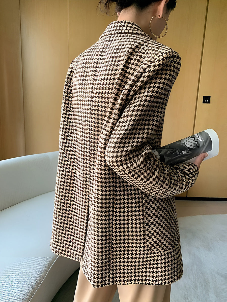 Damen Hahnentritt Blazer Oversize mit Gürtel Braun Schwarz gemustert