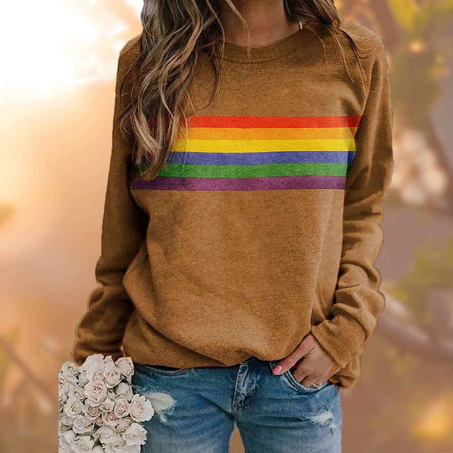 Dames sweatshirt met regenboogstrepen, ronde hals en lange mouwen