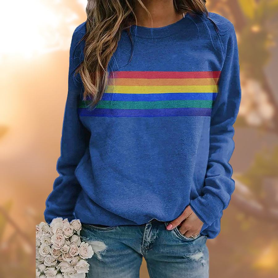 Dames sweatshirt met regenboogstrepen, ronde hals en lange mouwen