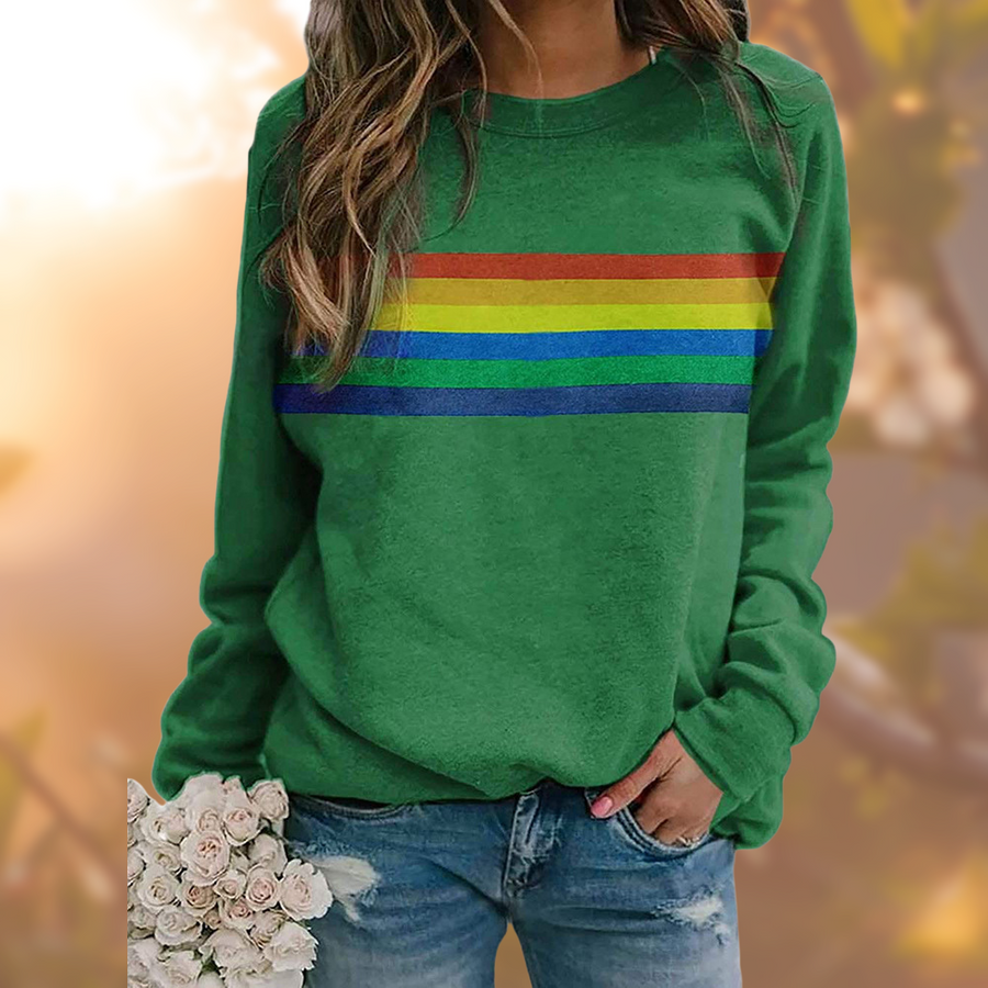 Dames sweatshirt met regenboogstrepen, ronde hals en lange mouwen