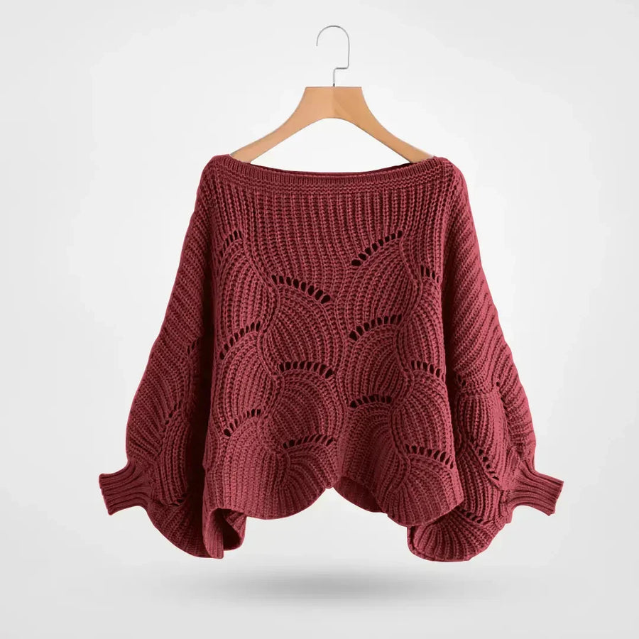 Damen Strickpullover mit Fledermausärmeln und Lochmuster