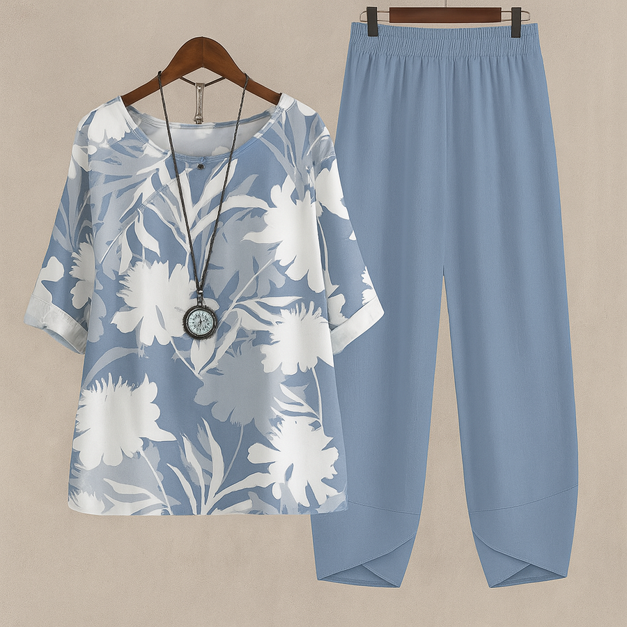 Damen 2-teiliges Set Bluse mit Print & weite Hosen