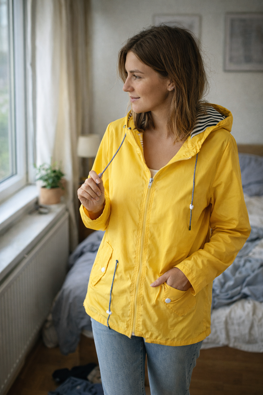 Damen Regenjacke mit Kapuze und Reißverschluss, einfarbig