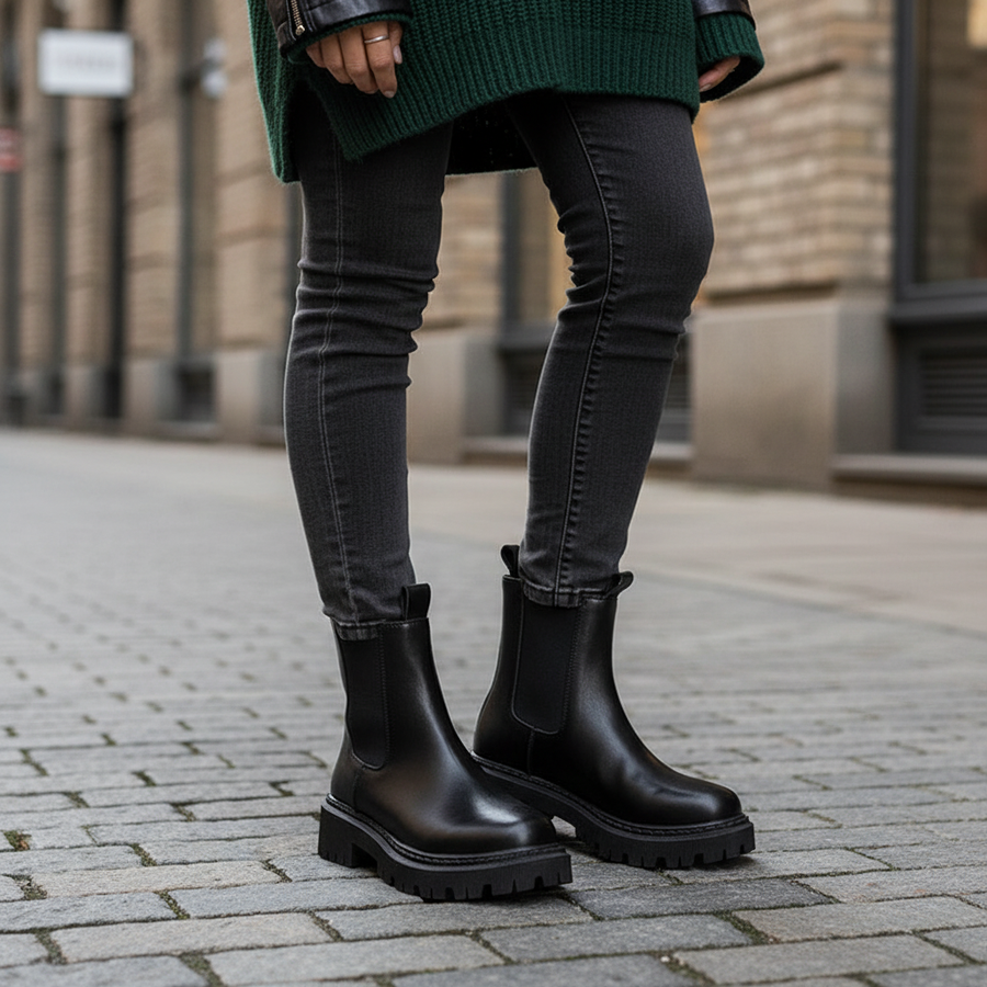 Damen Chelsea Boots Schwarz mit Chunky Sohle