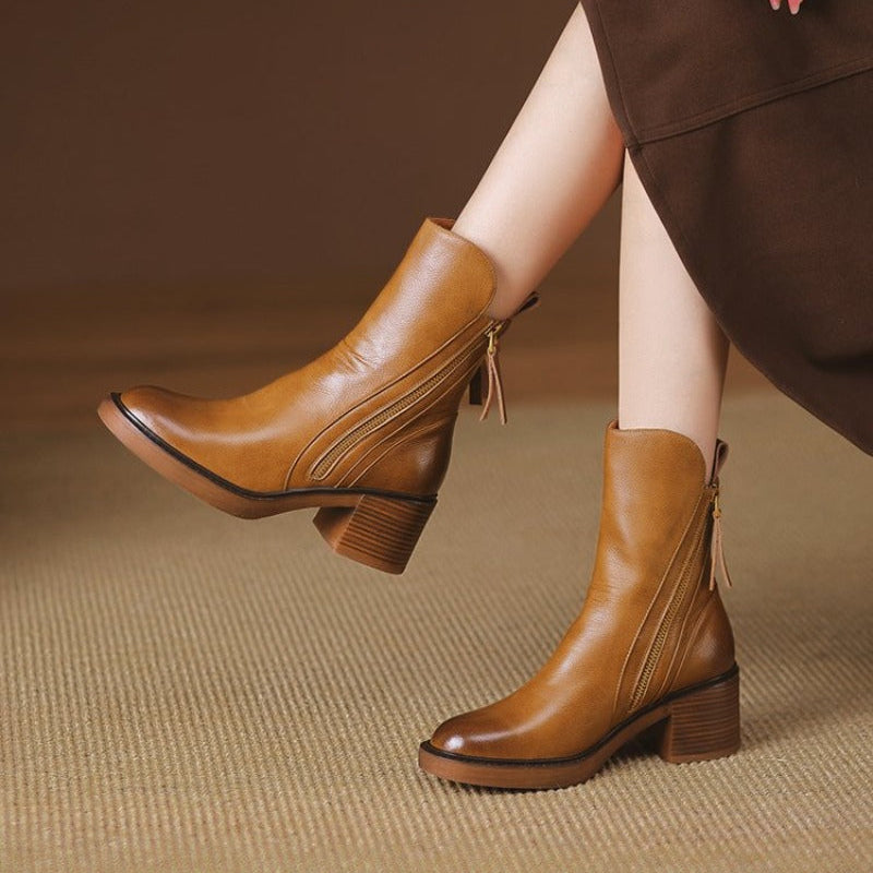 Damen Stiefeletten mit Reißverschluss und Blockabsatz aus weichem Material