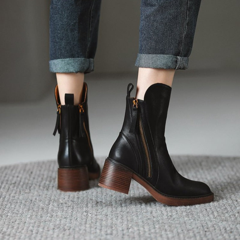 Damen Stiefeletten mit Reißverschluss und Blockabsatz aus weichem Material